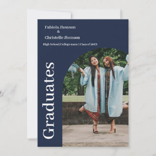 Minimalist script blue navy double graduation announcement