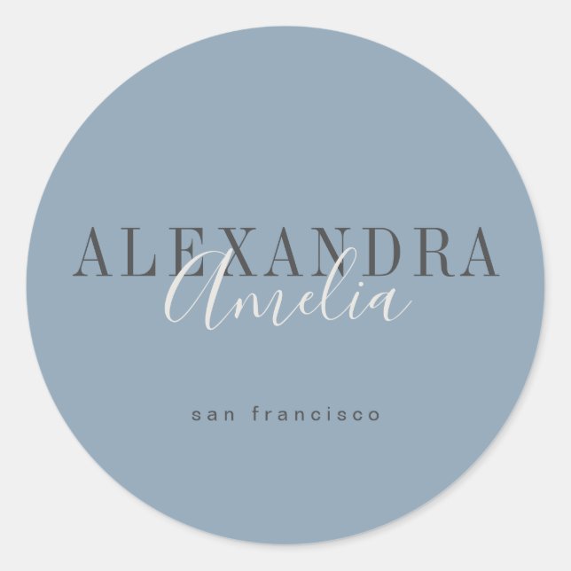 Minimalist Script Boho Dusty Blue Custom Business Classic Round Sticker (Front)