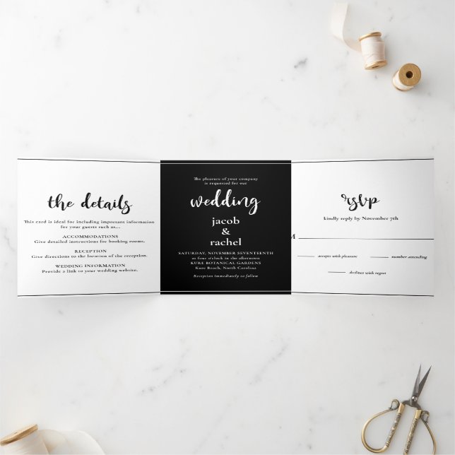 Minimalist Script Bold Black and White Wedding Tri-Fold Invitation (Inside)
