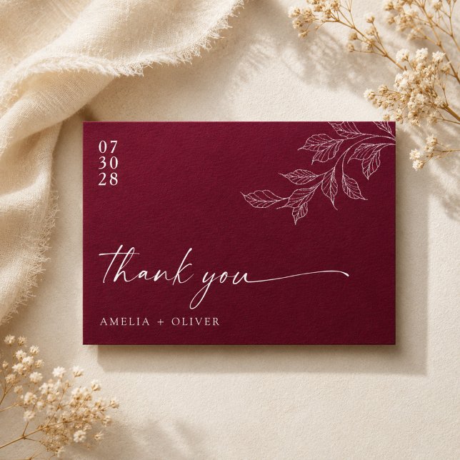 Minimalist Script Burgundy Botanical Wedding Thank You Card (Creator Uploaded)