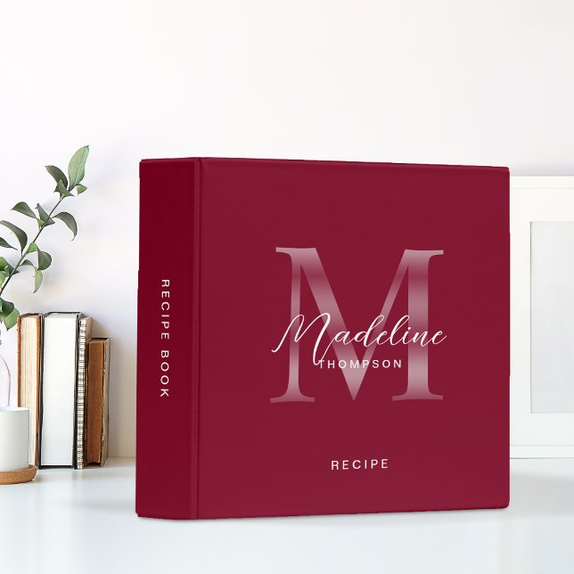 Minimalist Script Burgundy Silver Monogram Recipe Binder (Creator Uploaded)