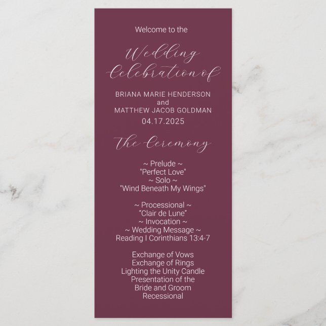Minimalist Script Burgundy Wedding Program (Front)