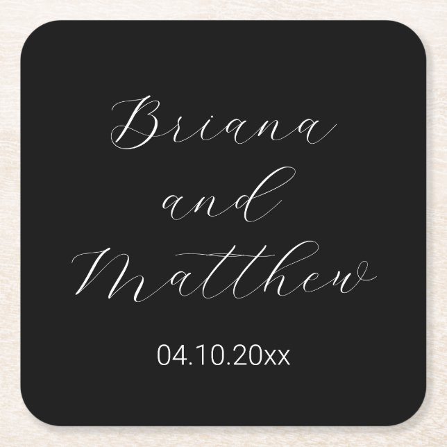 Minimalist Script Calligraphy Black White Wedding Square Paper Coaster (Front)