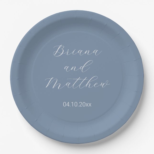 Minimalist Script Calligraphy Dusty Blue Wedding Paper Plate (Front)