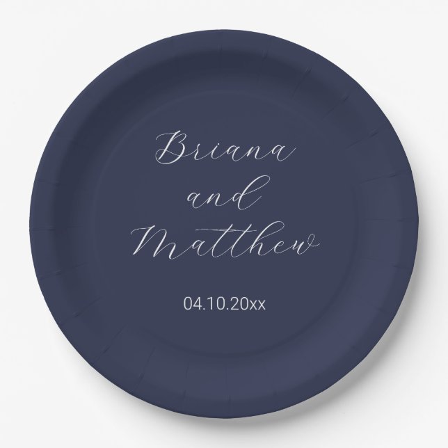 Minimalist Script Calligraphy Navy Blue Wedding Paper Plate (Front)
