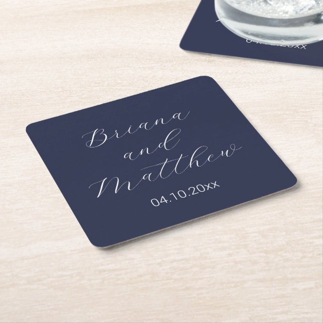 Minimalist Script Calligraphy Navy Blue Wedding Square Paper Coaster (Angled)