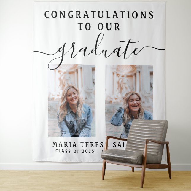 Minimalist Script Calligraphy Two Photo Graduation Tapestry (In Situ)