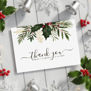 Minimalist Script Christmas Greenery Wedding Thank You Card
