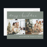 Minimalist Script Christmas Greeting | Sage Green Postcard<br><div class="desc">Minimalist Script Christmas Season's Greeting Card in Sage Green Theme with two family photos you can personalize. Send it to your family and friends this Christmas.</div>