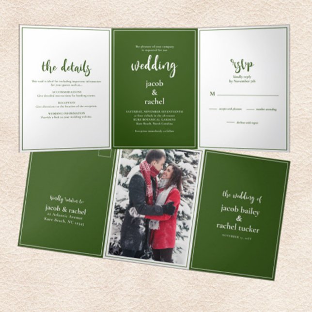 Minimalist Script Dark Green & White Wedding Tri-Fold Invitation (Creator Uploaded)