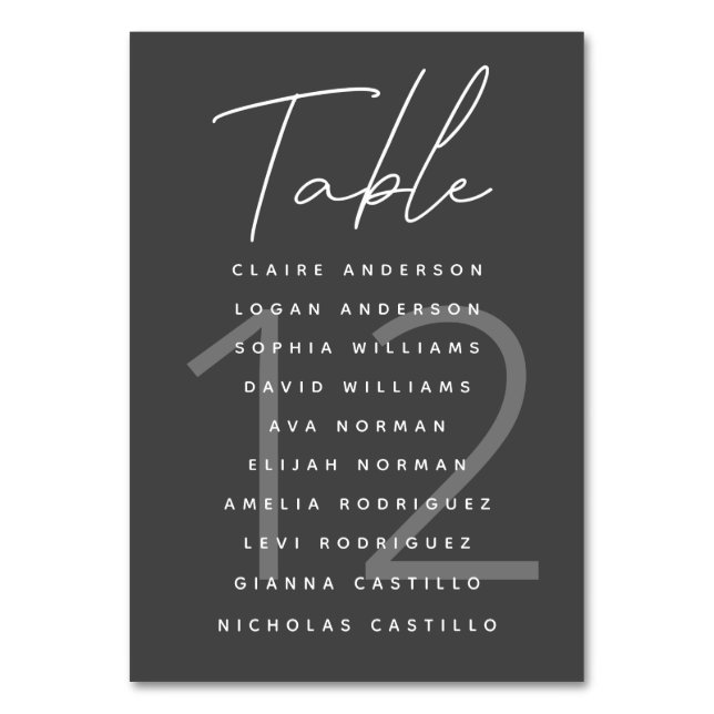 Minimalist Script Dark Grey Wedding Seating Chart Table Number (Front)