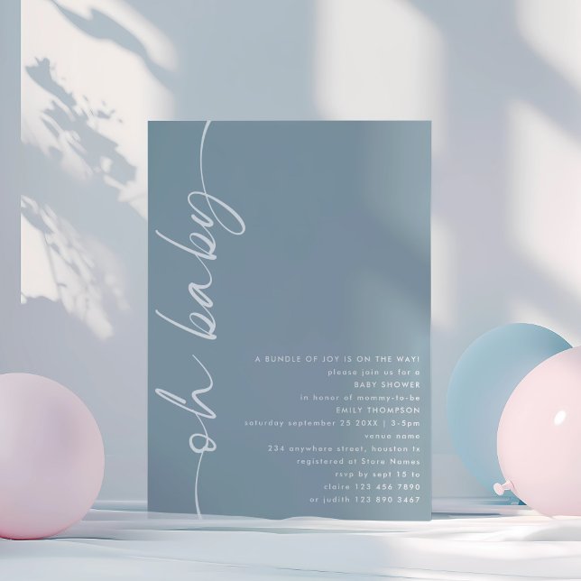 Minimalist Script Dusty Blue Oh Baby Shower Invitation (Creator Uploaded)