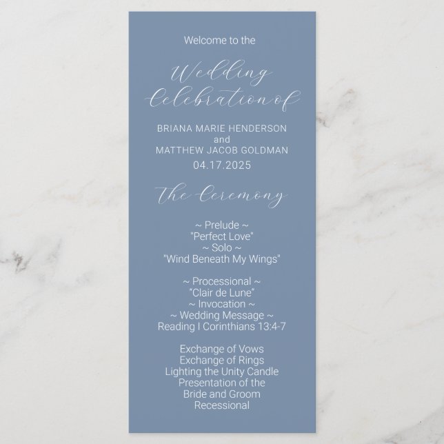 Minimalist Script Dusty Blue Wedding Program (Front)