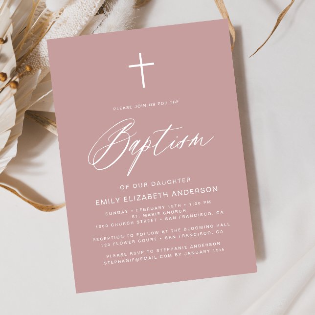 Minimalist Script Dusty Pink Simple Baptism Invitation (Creator Uploaded)