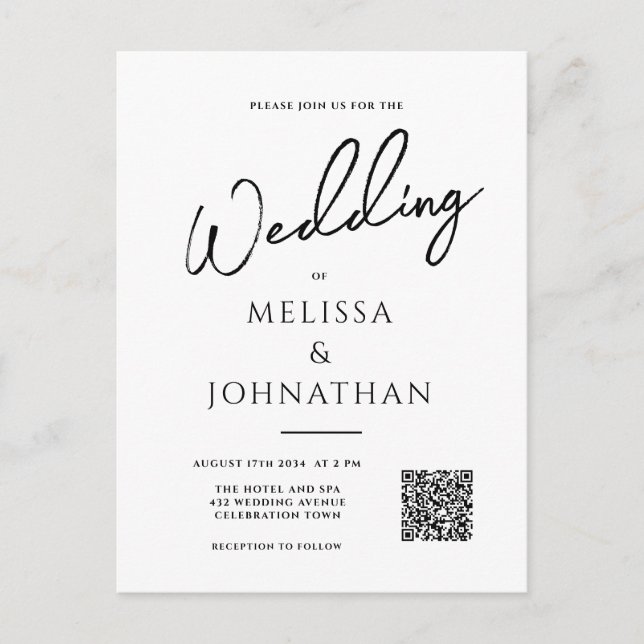 Minimalist Script Elegant QR Code Wedding Invitation Postcard (Front)