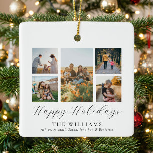 Minimalist Script Family Photo Collage Ceramic Ornament