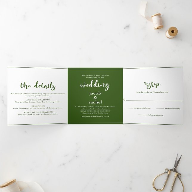 Minimalist Script Forest Dark Green Wedding Tri-Fold Invitation (Inside)