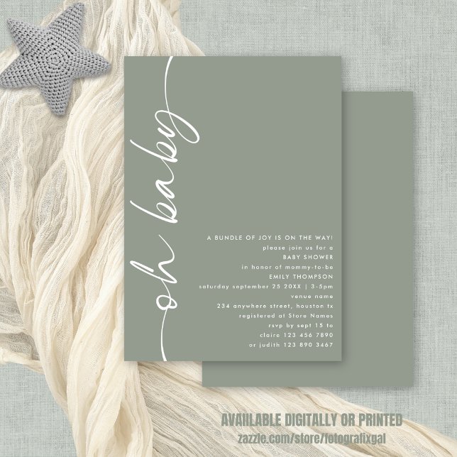Minimalist Script Girl or Boy Sage Oh Baby Shower Invitation (available digitally or printed)