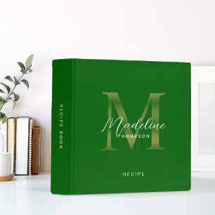 Minimalist Script Green Gold Monogram Recipe Binder