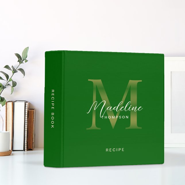 Minimalist Script Green Gold Monogram Recipe Binder (Creator Uploaded)
