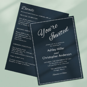 Minimalist Script Gunmetal Blue All-in-One Wedding Invitation
