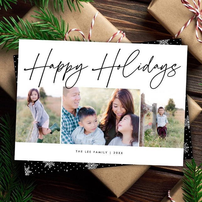 Minimalist Script Happy Holidays 3 Photo Christmas Holiday Card (Creator Uploaded)