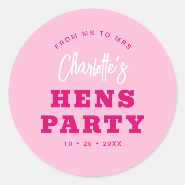 Minimalist Script Hot Pink Modern Hens Party Classic Round Sticker (Front)