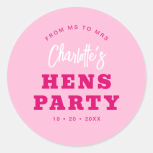 Minimalist Script Hot Pink Modern Hens Party Classic Round Sticker