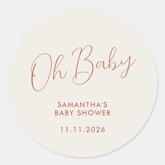 Minimalist Script ivory Oh Baby Classic Round Sticker (Front)