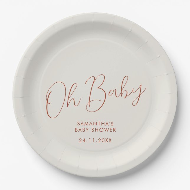 Minimalist Script ivory Oh Baby Shower date Paper Plate (Front)