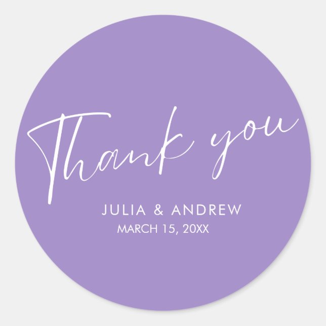 Minimalist script lavender thankyou Wedding  Classic Round Sticker (Front)