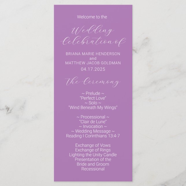 Minimalist Script Lavender Wedding Program (Front)