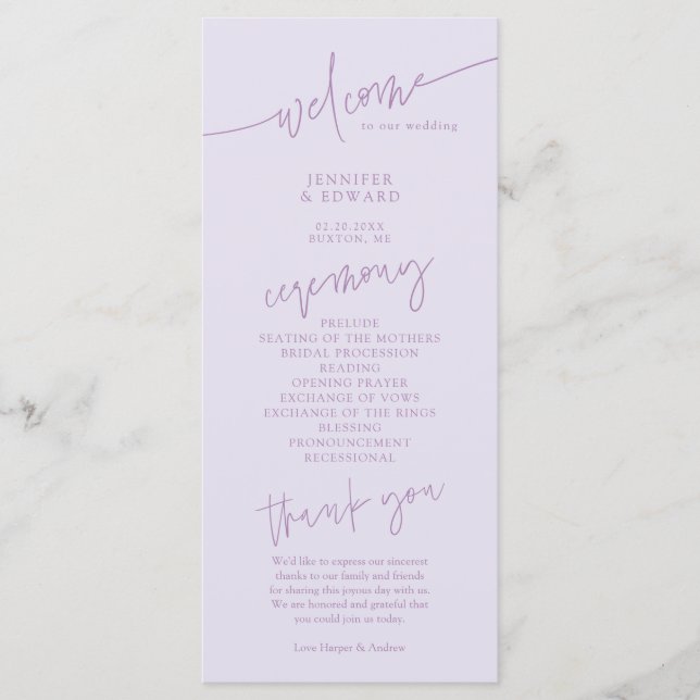 Minimalist Script Lilac Wedding Ceremony Program (Front)