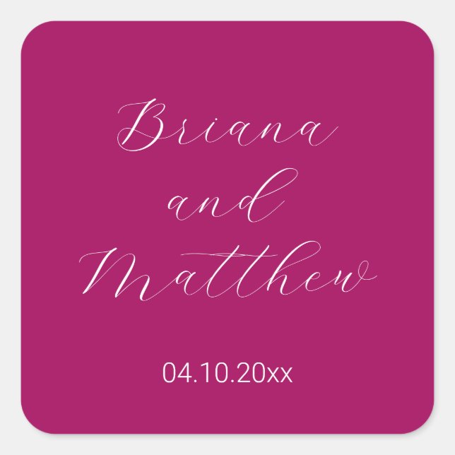 Minimalist Script Magenta Wedding Square Sticker (Front)
