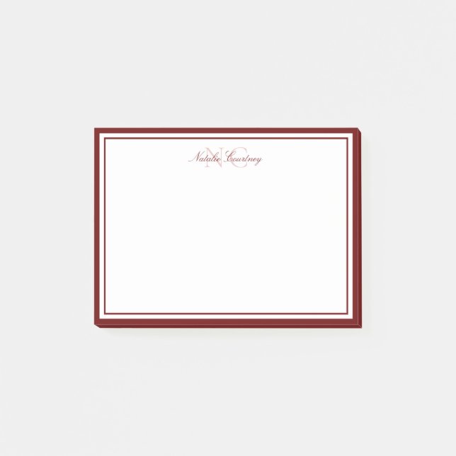 Minimalist Script Maroon Two Border Monogram Post-it Notes (Front)
