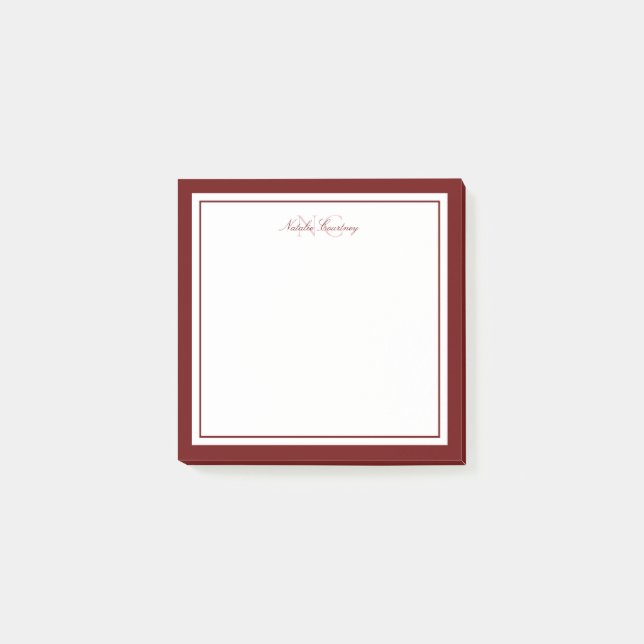 Minimalist Script Maroon Two Border Monogram Post-it Notes (Front)