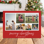 Minimalist Script Merry Christmas Photo Collage Holiday Card<br><div class="desc">Merry Christmas! Send your warm wishes to friends and family this holiday season with a customizable photo collage Christmas card. It features minimalist script typography with a red background. Personalize by adding your custom photos, names, year and other details. This minimal Christmas card is available in other colours and cardstock....</div>