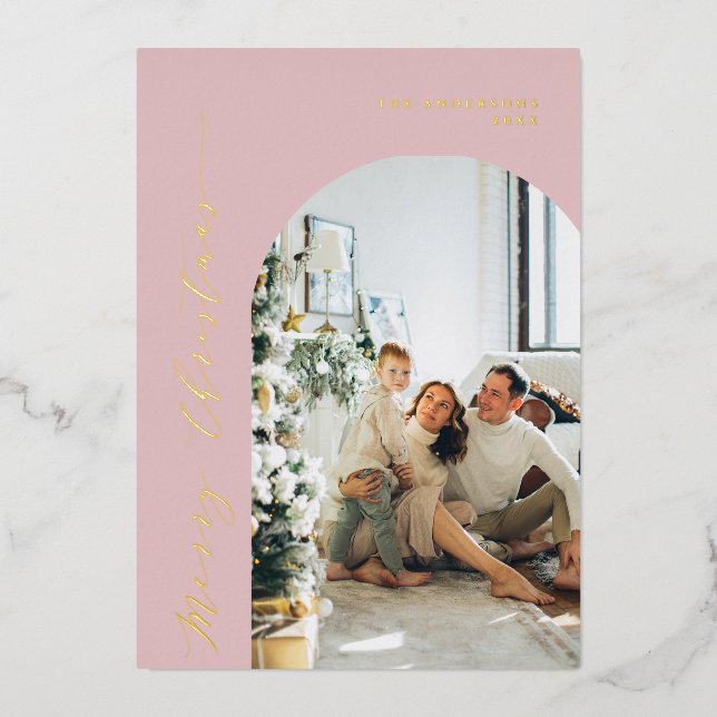 Minimalist Script Merry Christmas Photo Dusty Pink Foil Holiday Card (Front)