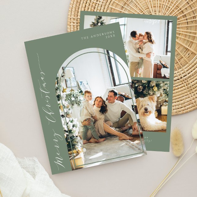 Minimalist Script Merry Christmas Photo Sage Holiday Card (Creator Uploaded)