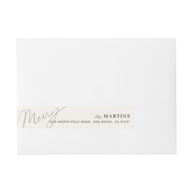 Minimalist Script Merry Cream White Holiday Wraparound Address Label (Front)