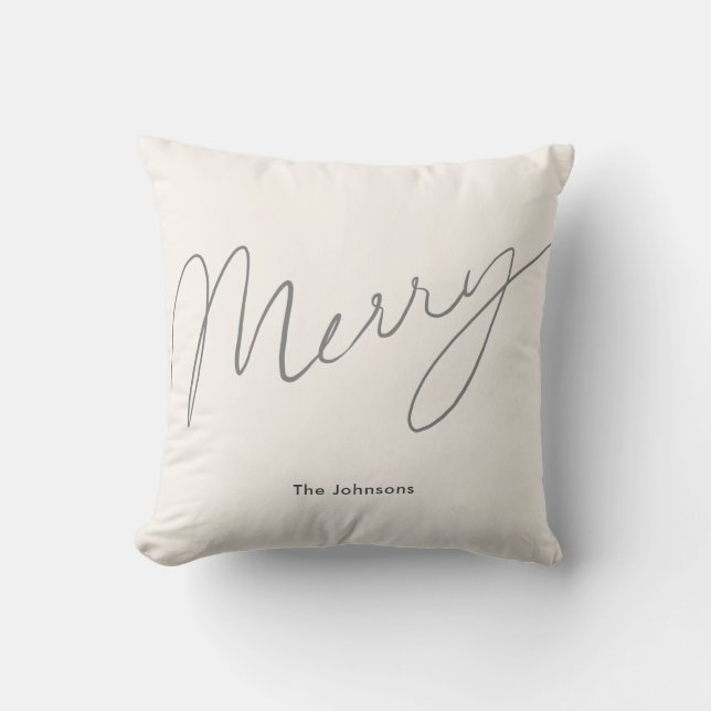 Minimalist Script Merry Cream White Throw Pillow (Front)