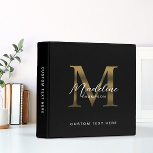 Minimalist Script Metallic Black Gold Monogram Binder