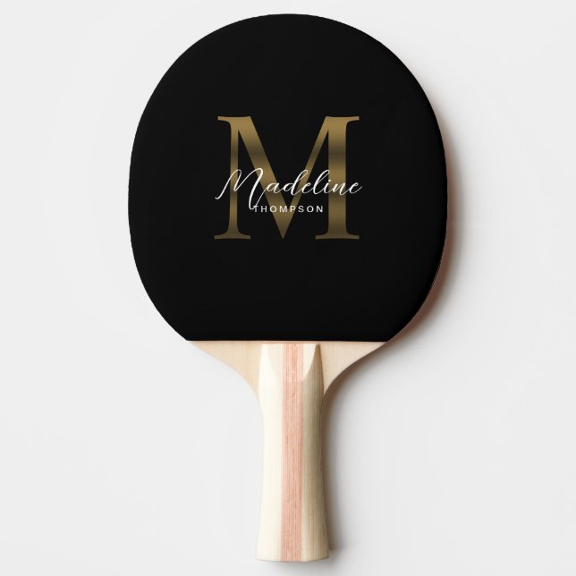 Minimalist Script Metallic Black Gold Monogram Ping Pong Paddle (Front)