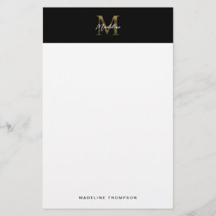 Minimalist Script Metallic Black Gold Monogram Stationery