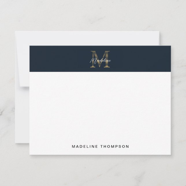 Minimalist Script Metallic Navy Blue Gold Monogram Card (Front)