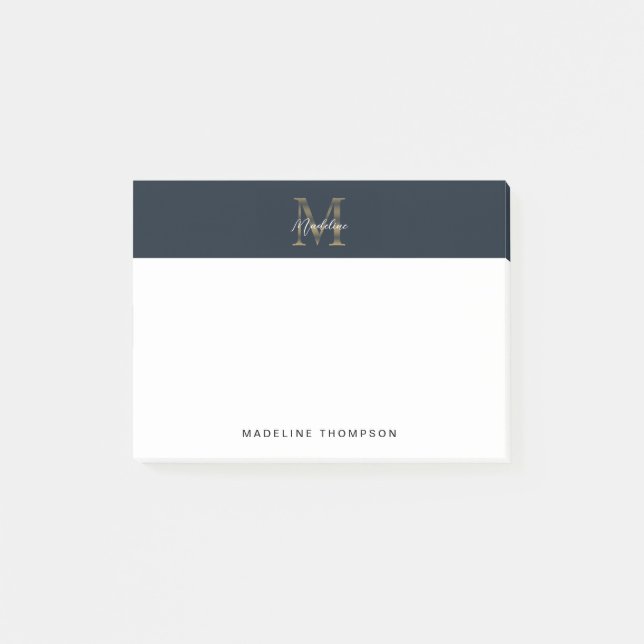Minimalist Script Metallic Navy Blue Gold Monogram Post-it Notes (Front)