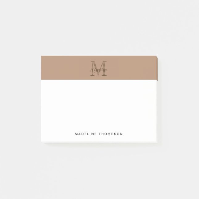 Minimalist Script Metallic Taupe Gold Monogram Post-it Notes (Front)
