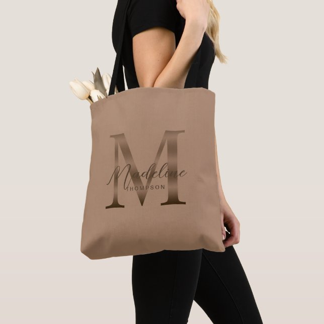 Minimalist Script Metallic Taupe Gold Monogram Tote Bag (Close Up)