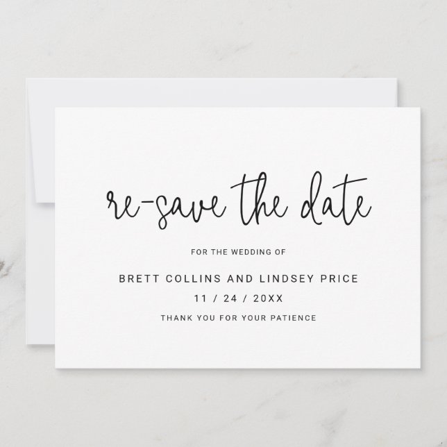 Minimalist Script Modern Black Change the Date Announcement (Front)