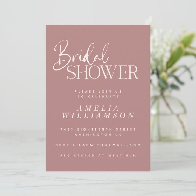 Minimalist Script Modern Dusty Rose Bridal Shower Invitation (Standing Front)